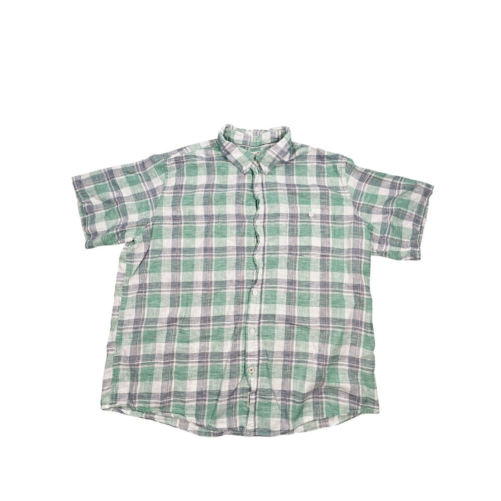 Weatherproof Vintage Linen Cotton Plaid Button Shirt Men XXL Green Short Sleeve